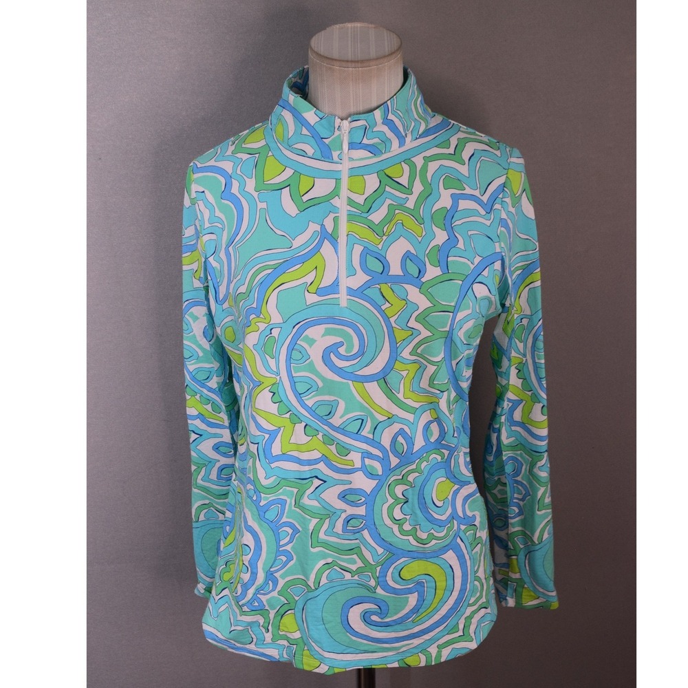 IBKUL Sun Shirt Small Blue Green Paisley 1/4 Zip Mock Neck Long Sleeve Alexis?